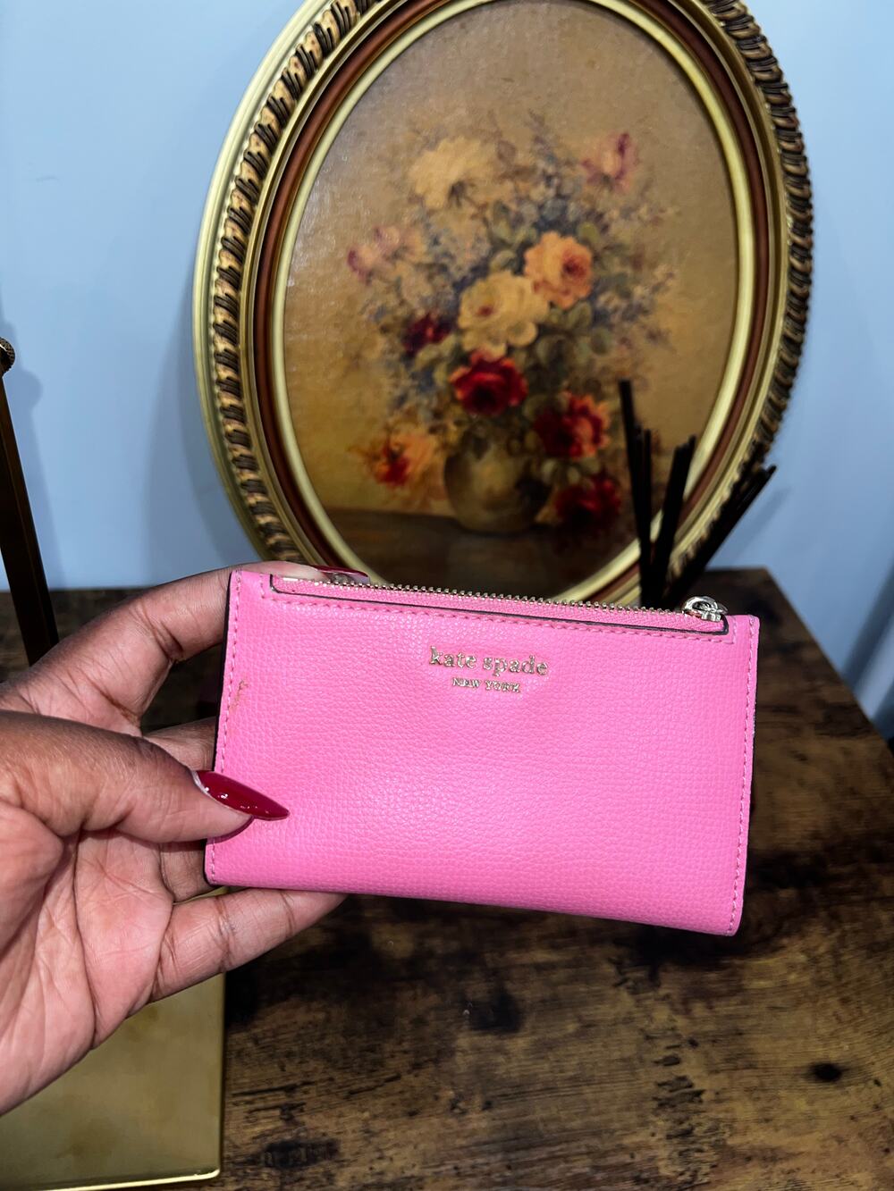 Kate Spade New York Pink Pebbled Leather Zip Card Holder Wallet with Id Window